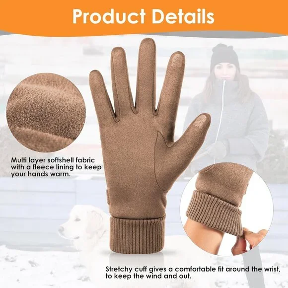 Women's Cold Weather Winter Warm Thermal Fleece Lined Suede Brown Gloves - Picture 4 of 7